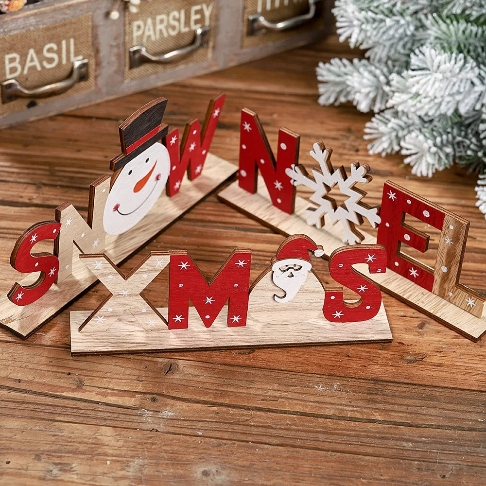 Wooden Christmas Decorations Xmas Snow Noel Letter Table Ornaments Merry Christmas Party Decor For Home 2024 Naviidad Gifts Fav