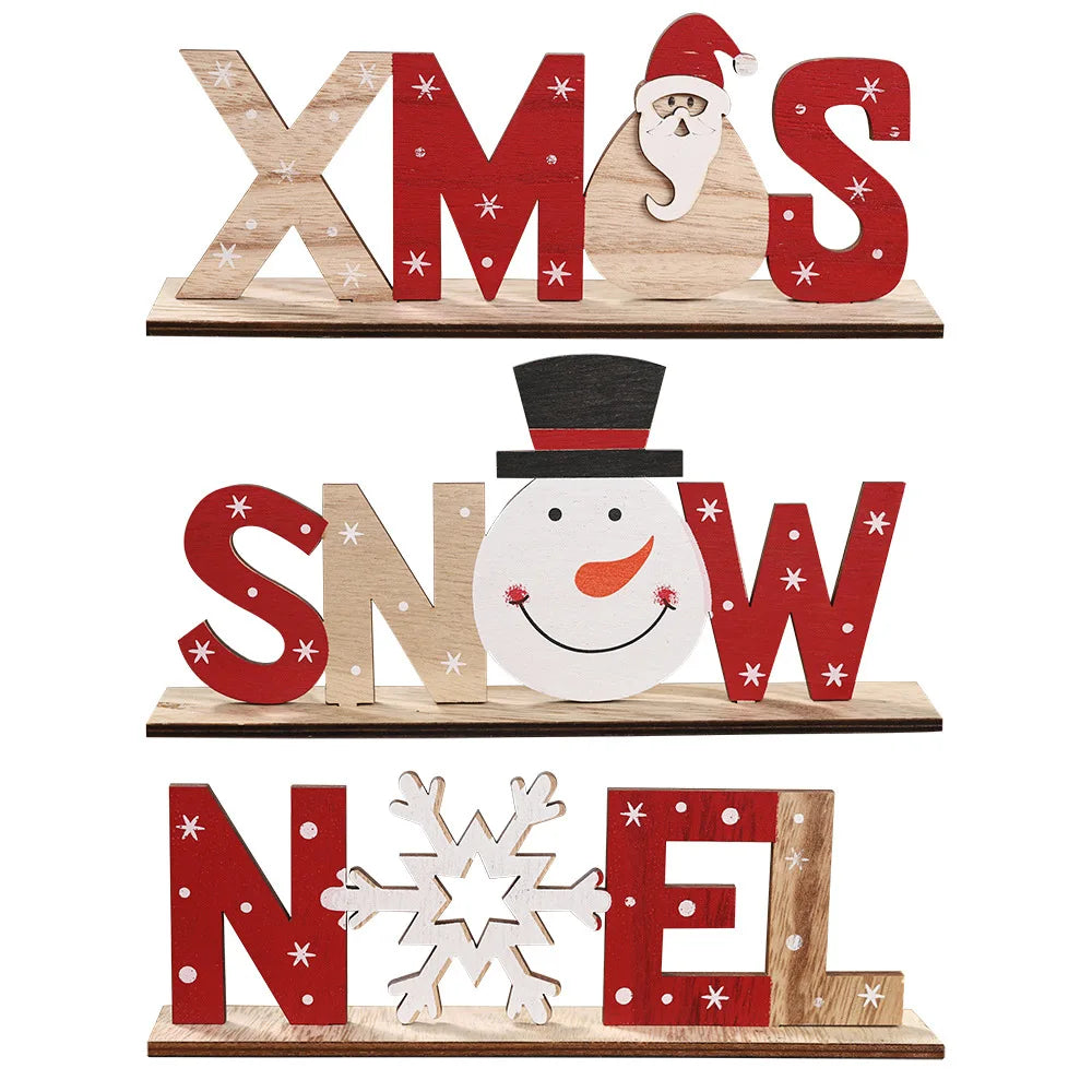 Wooden Christmas Decorations Xmas Snow Noel Letter Table Ornaments Merry Christmas Party Decor For Home 2024 Naviidad Gifts Fav