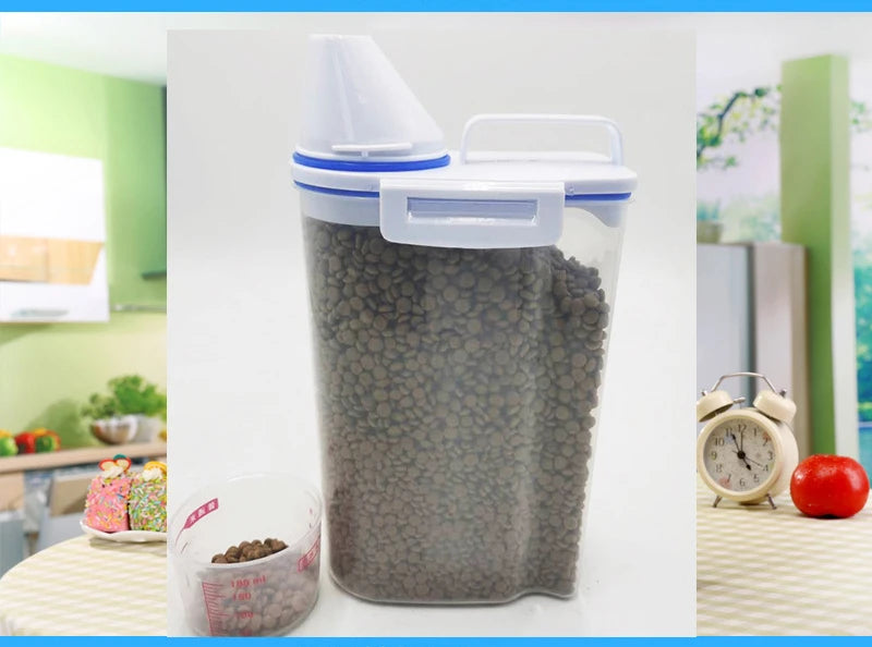 Dog Cat Food Pail Plastic Storage Tank with Measuring Cup Container