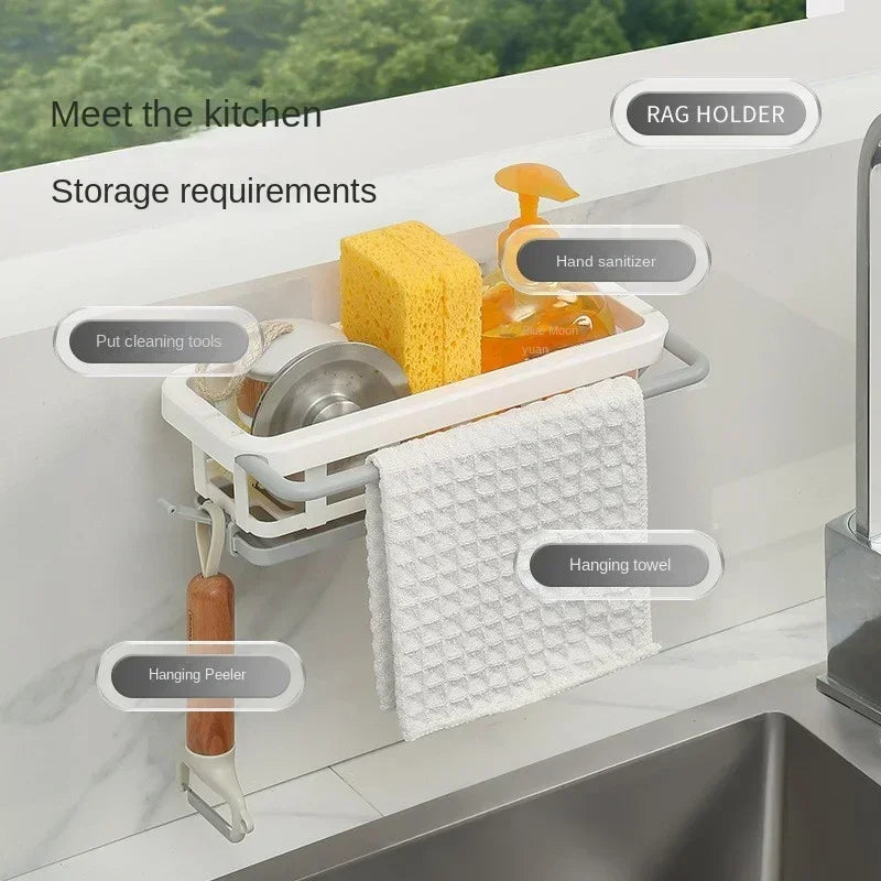 Sponge Holder Kitchen Organizer Dish Drainer Soap Rack Sink Tray Dishcloth Towel Rack Wall Mounted Storage Basket Shelf Kitchen
