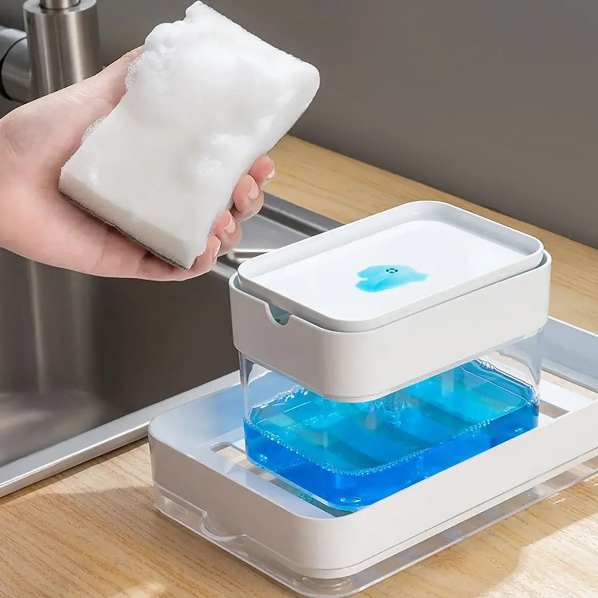 1pc, Press Type Soap Dispenser With A Sponge, Press Soap Box, Kitchen Dishwashing Detergent Liquid Dispenser