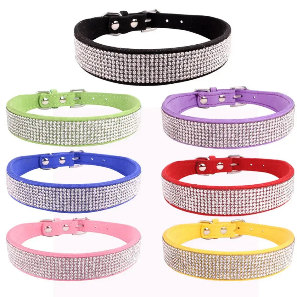Suede Fiber Crystal Dog Collar Comfortable Glitter Rhinestone Dog Collars Zinc Alloy Buckle Collar for Small Dogs Cats
