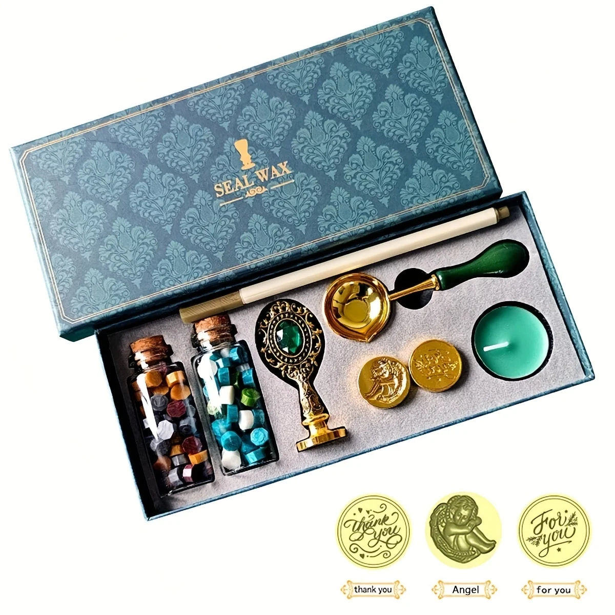 9PCS -European retro wax sealed stamps, wax+spoon+candle+stamp head+handle+colored pen, lacquered brass stamp set