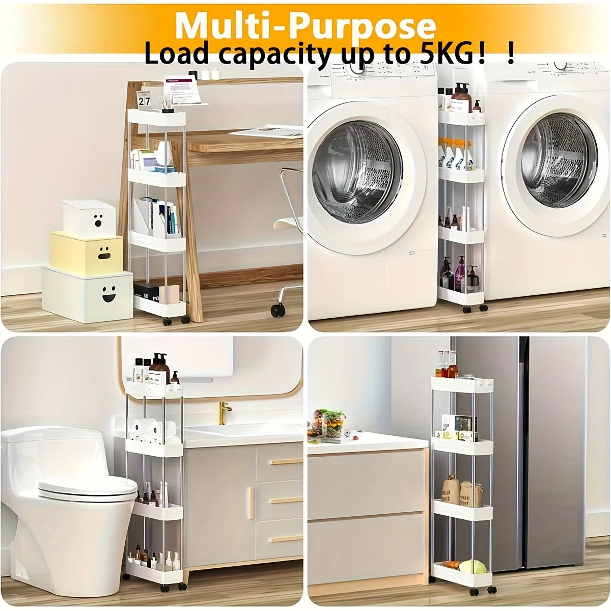 1pc 3/4 Tier Slim Storage Cart, Bathroom Rolling Utility Cart, Plastic Storage Rack With Wheels, Mobile Shelving Unit Organizer,