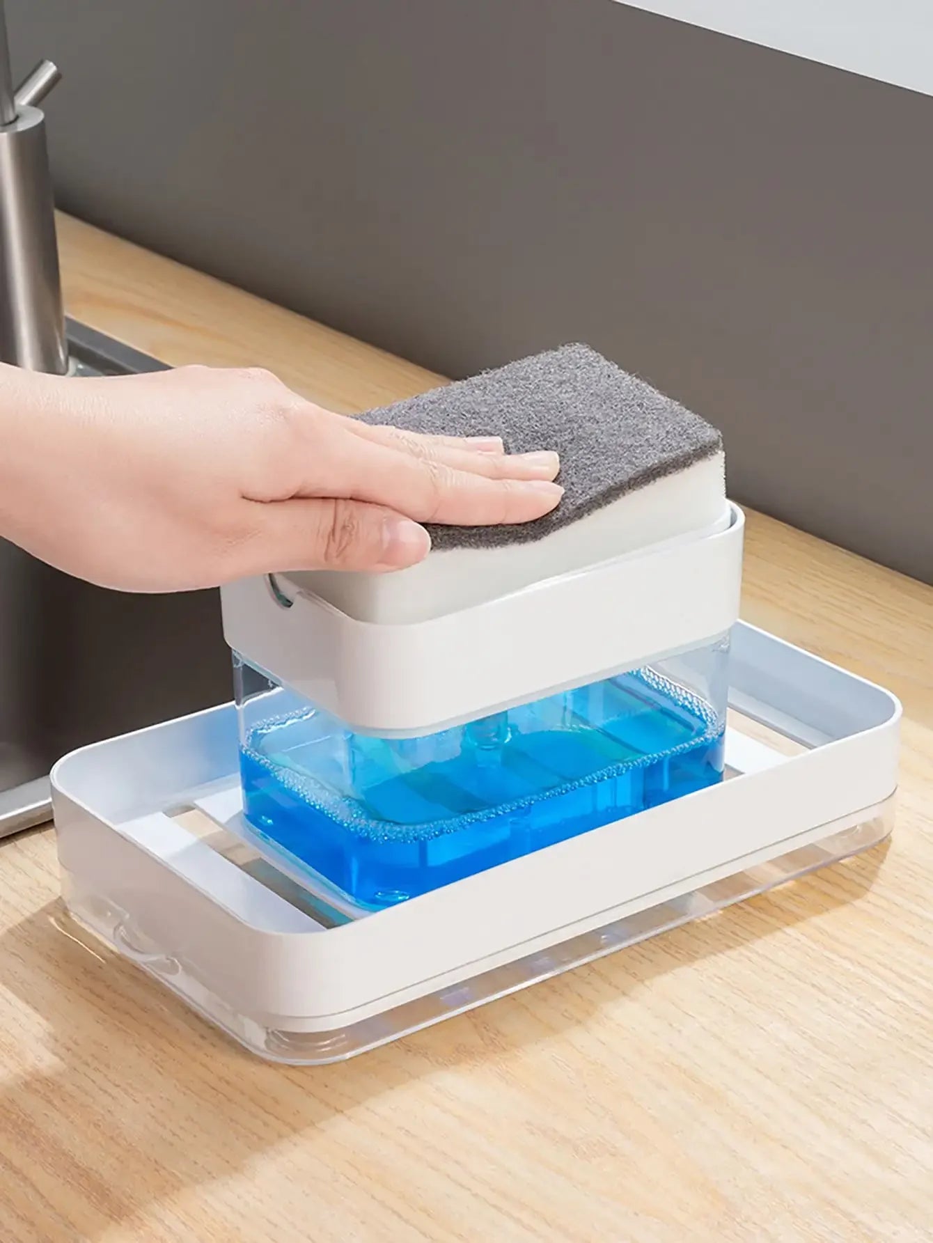 1pc, Press Type Soap Dispenser With A Sponge, Press Soap Box, Kitchen Dishwashing Detergent Liquid Dispenser