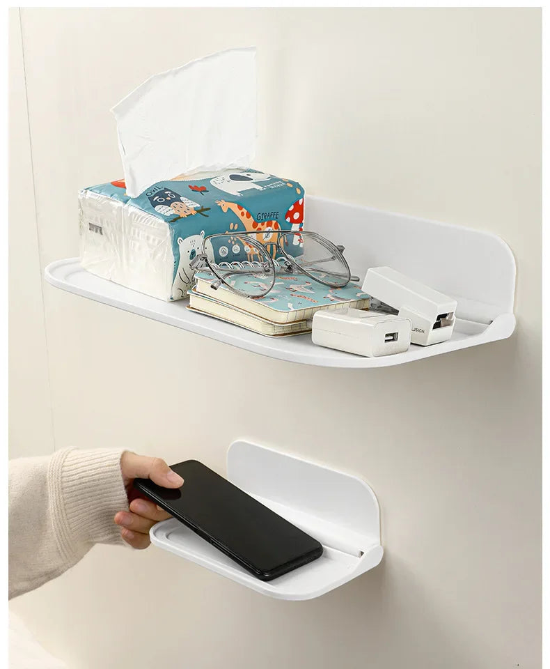 Folding Wall Mounted Shelf Saving Space Foldable Storage Rack Punch-Free Phone Holder Wifi Router Storage Tray BathroomOrganizer