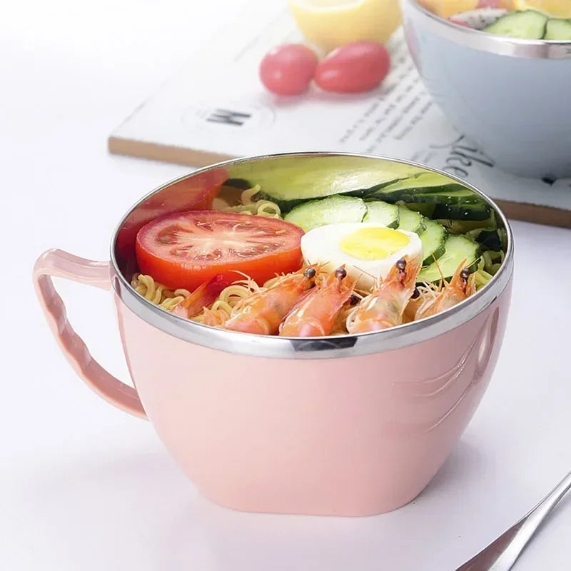 1PCS Stainless Steel Bowl with Handle Solid Color Anti Scalding Instant Noodles Mixing Bowl Kitchen Tableware Food Accessory