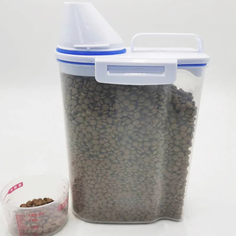 Dog Cat Food Pail Plastic Storage Tank with Measuring Cup Container