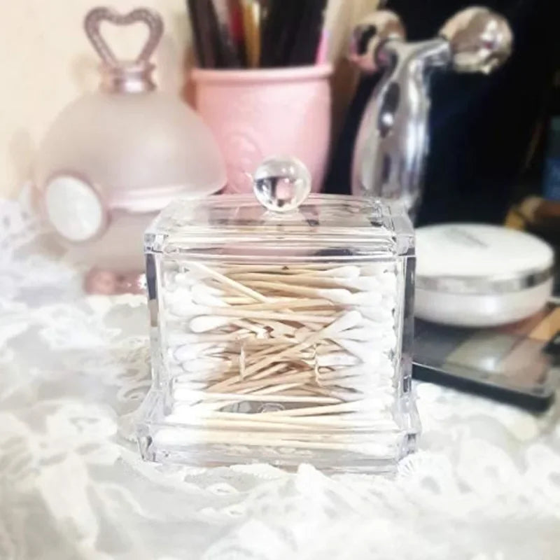 Cotton Swab Box - Transparent Bamboo Cover Dustproof Cotton Swab Toothpick Storage Box Multi-Purpose Visible Dispenser