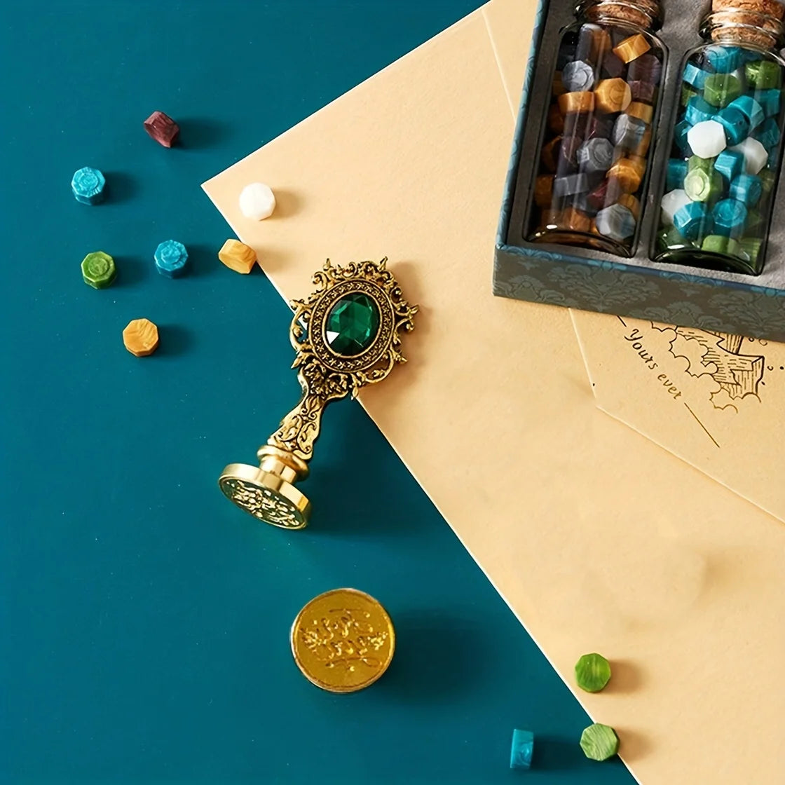 9PCS -European retro wax sealed stamps, wax+spoon+candle+stamp head+handle+colored pen, lacquered brass stamp set