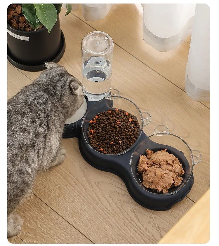 Pet Cat Bowl Automatic Feeder 3-in-1 Dog Cat Food Bowl With Water Fountain Double Bowl Drinking Raised Stand Dish Bowls For Cats