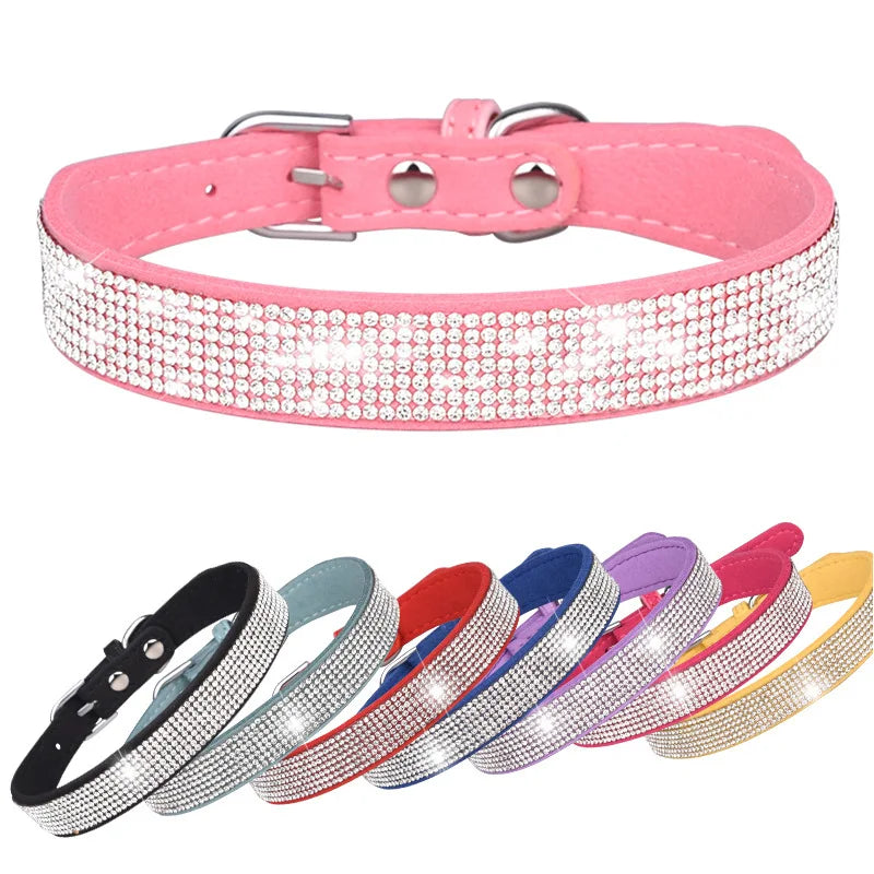 Suede Fiber Crystal Dog Collar Comfortable Glitter Rhinestone Dog Collars Zinc Alloy Buckle Collar for Small Dogs Cats