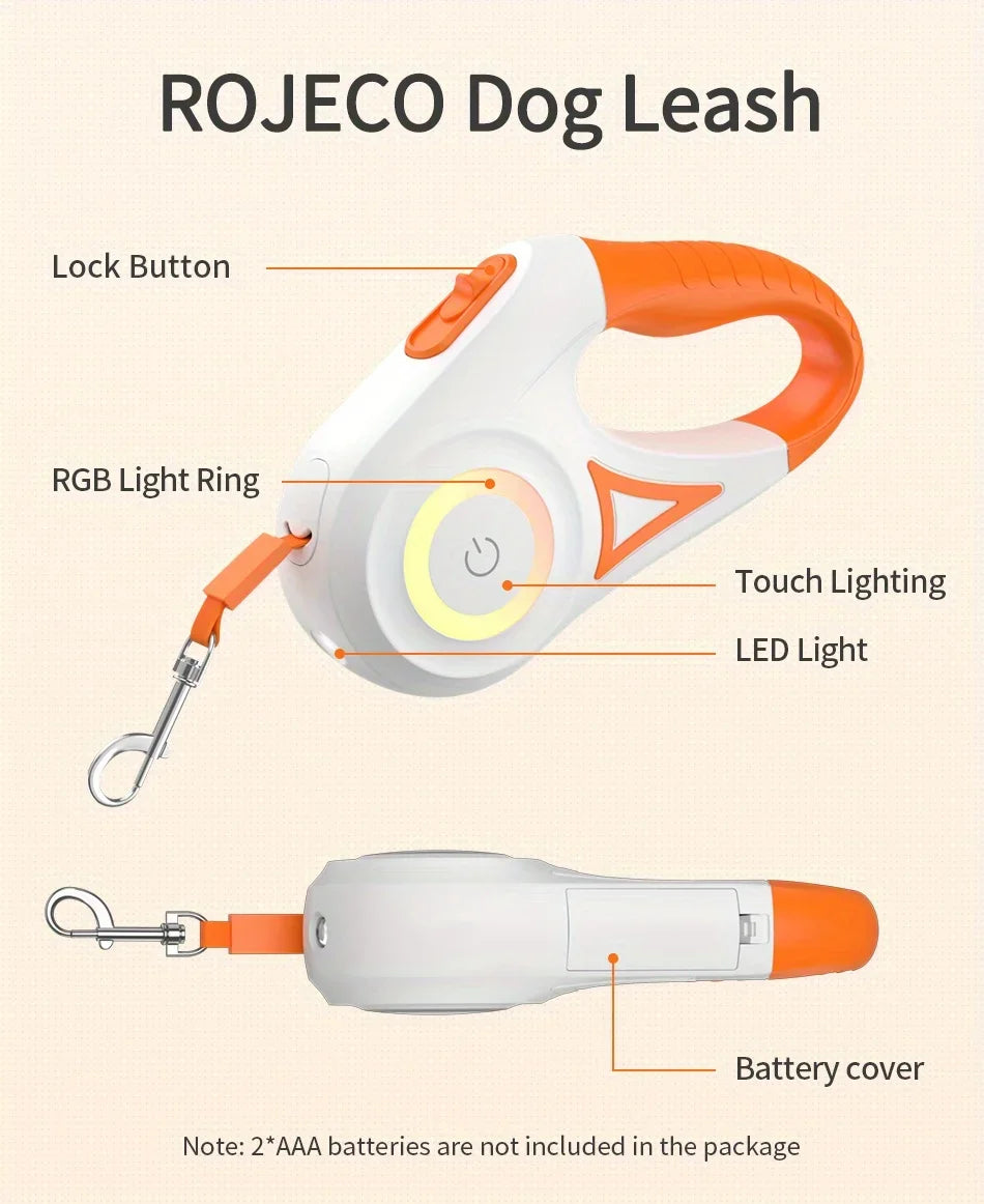 ROJECO 5M/16FT Automatic Retractable Dog Leash With LED Flash Light Outdoor Pet Walking Running Lead