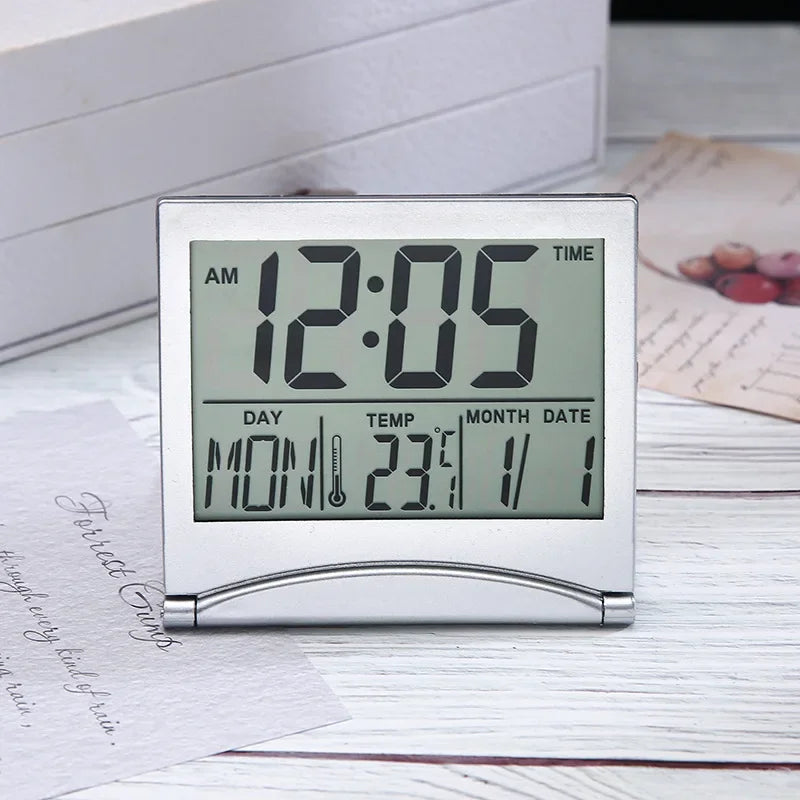 Electronic Folding LCD Digital Alarm Clock Desktop Temperature Hygrometer Clock Weather Station Desk Table Travel Mini Clock