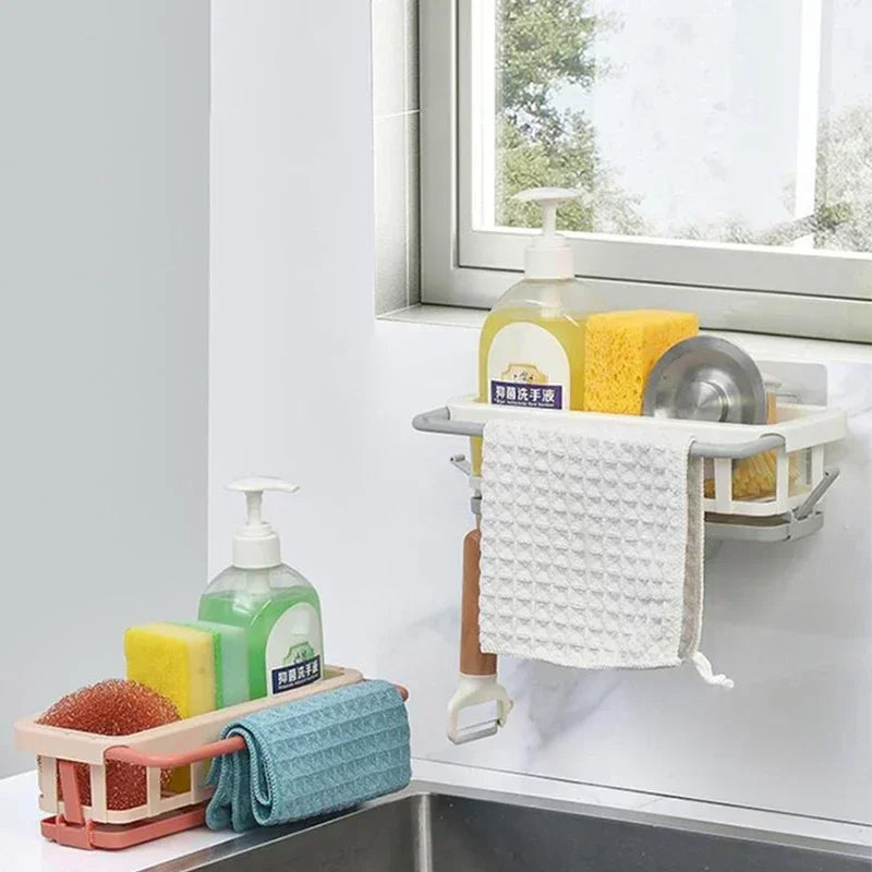 Sponge Holder Kitchen Organizer Dish Drainer Soap Rack Sink Tray Dishcloth Towel Rack Wall Mounted Storage Basket Shelf Kitchen