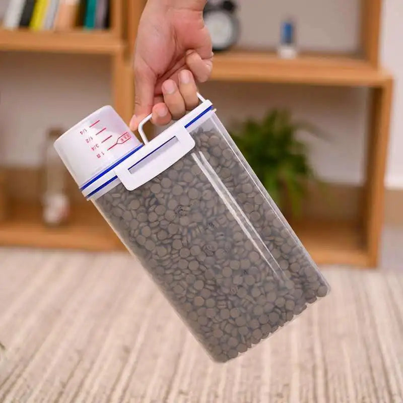 Dog Cat Food Pail Plastic Storage Tank with Measuring Cup Container