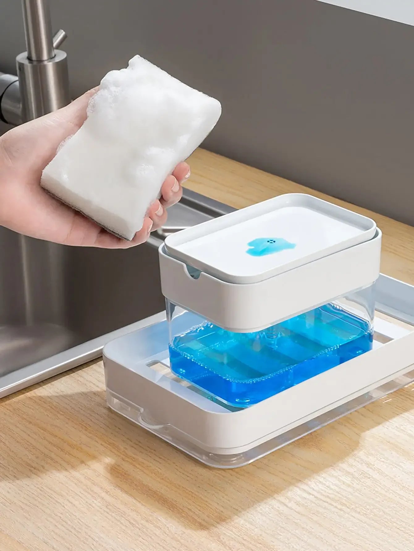 1pc, Press Type Soap Dispenser With A Sponge, Press Soap Box, Kitchen Dishwashing Detergent Liquid Dispenser