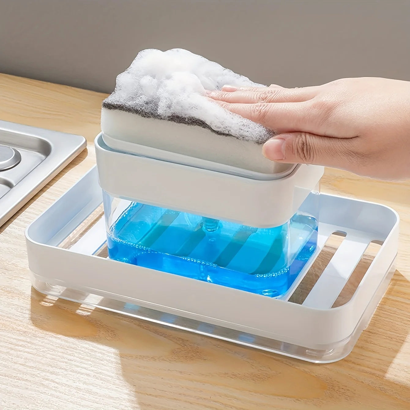 1pc, Press Type Soap Dispenser With A Sponge, Press Soap Box, Kitchen Dishwashing Detergent Liquid Dispenser