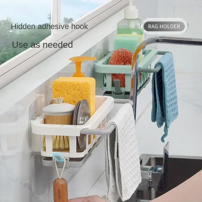 Sponge Holder Kitchen Organizer Dish Drainer Soap Rack Sink Tray Dishcloth Towel Rack Wall Mounted Storage Basket Shelf Kitchen