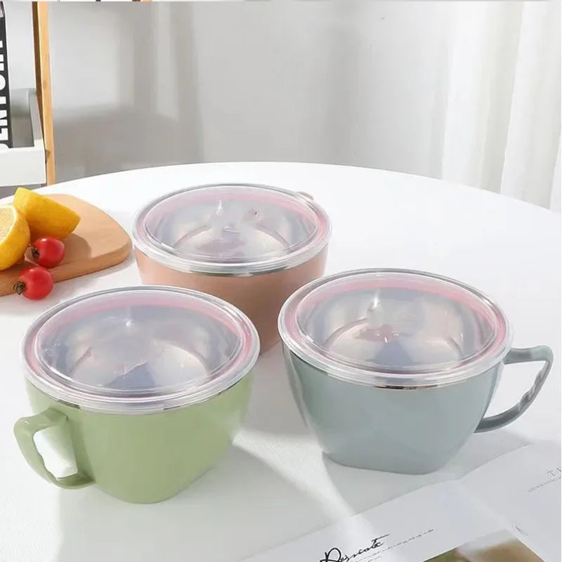 1PCS Stainless Steel Bowl with Handle Solid Color Anti Scalding Instant Noodles Mixing Bowl Kitchen Tableware Food Accessory