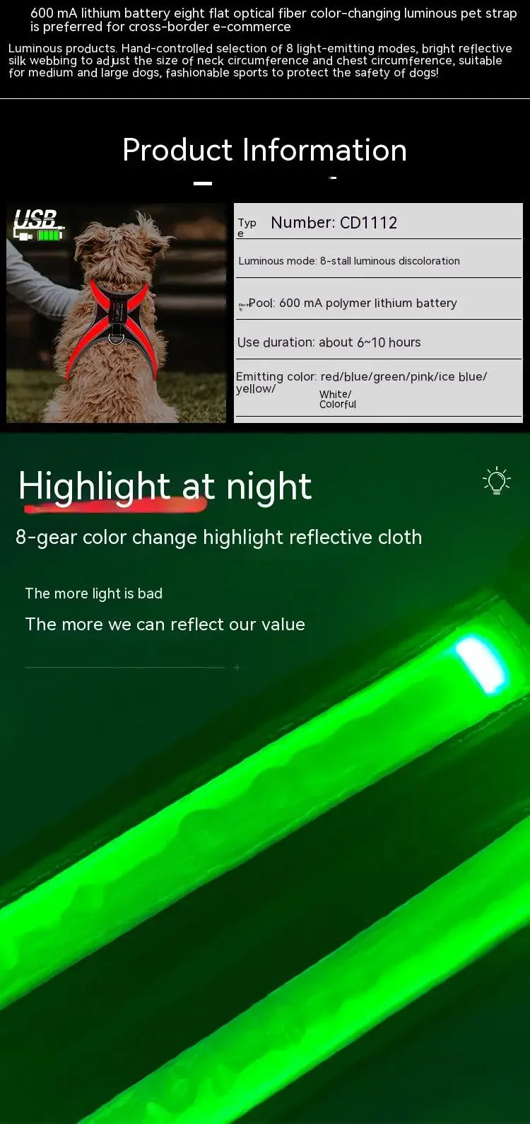 Pet Supplies Explosion-Proof Flush Dog Traction 8 Gears Color Changing Led Light Dog Chest Braces Dog Clothes Pet Collars