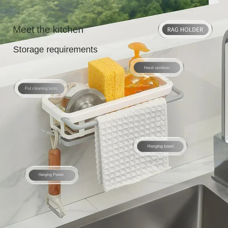 Sponge Holder Kitchen Organizer Dish Drainer Soap Rack Sink Tray Dishcloth Towel Rack Wall Mounted Storage Basket Shelf Kitchen