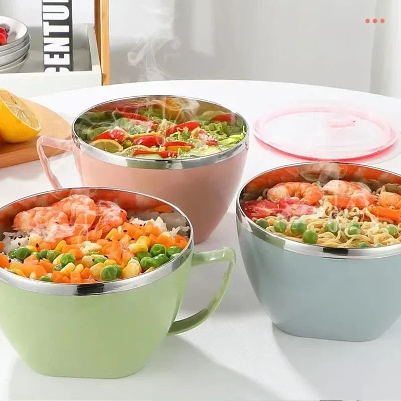 1PCS Stainless Steel Bowl with Handle Solid Color Anti Scalding Instant Noodles Mixing Bowl Kitchen Tableware Food Accessory