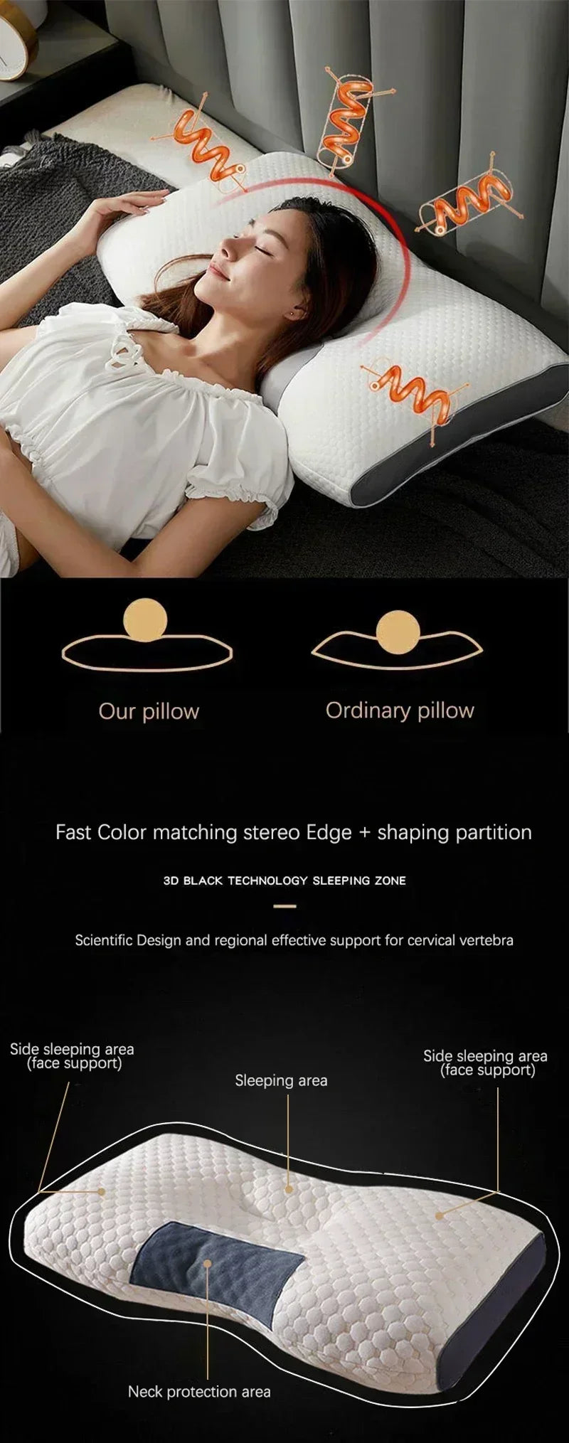 The concave convex design of the human body helps massage the neck, and the fiber massage pillow helps with sleep