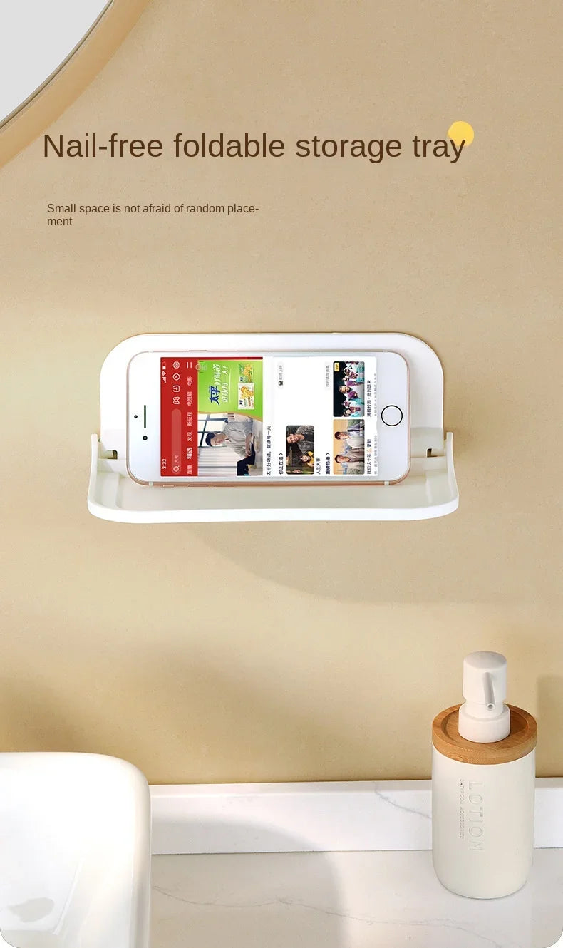 Folding Wall Mounted Shelf Saving Space Foldable Storage Rack Punch-Free Phone Holder Wifi Router Storage Tray BathroomOrganizer