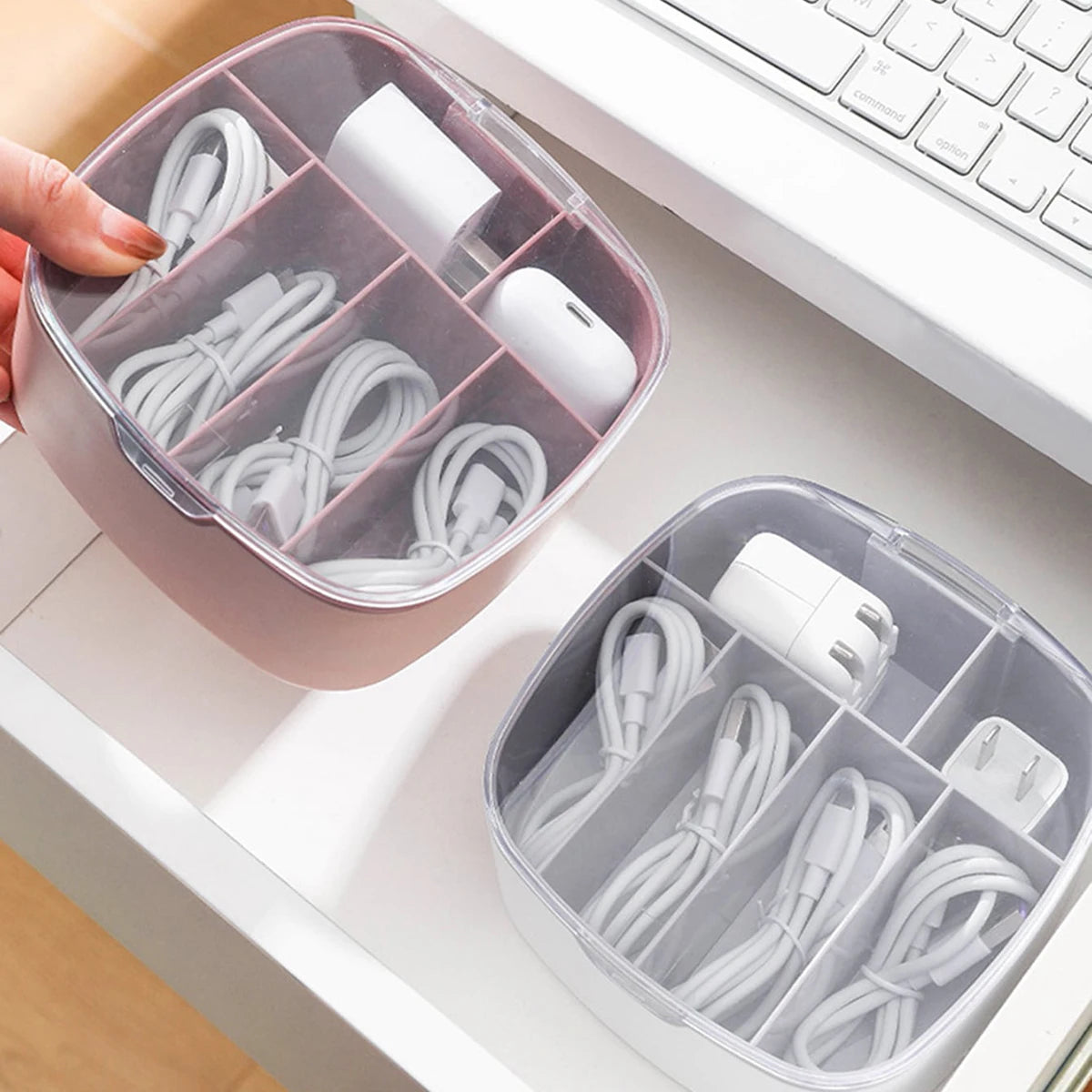 1pc-Data cable storage box, dust-proof split charging cable storage and management box, plastic desktop phone charging cable sor
