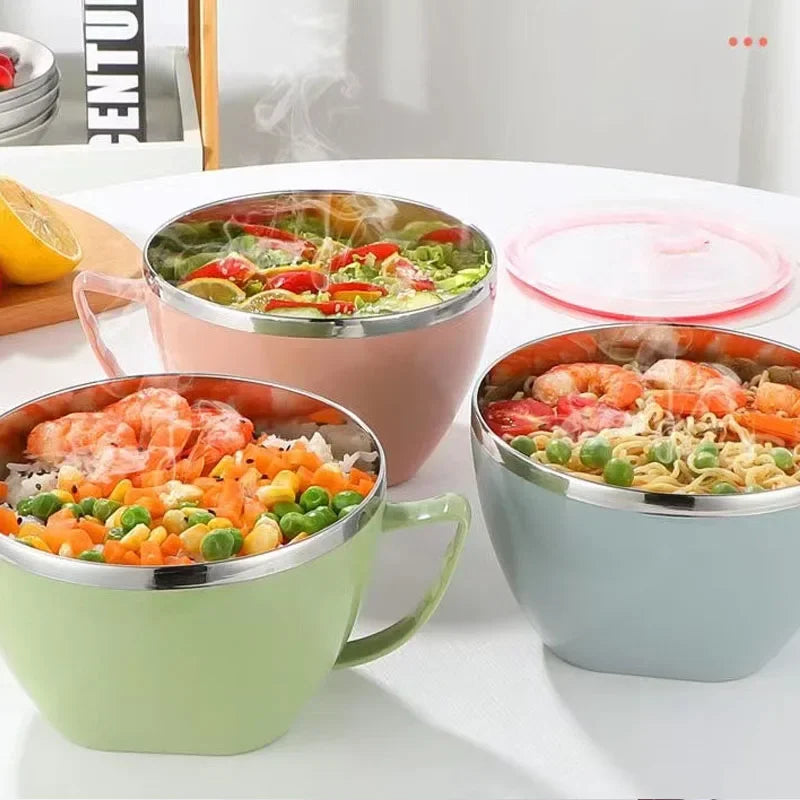 1PCS Stainless Steel Bowl with Handle Solid Color Anti Scalding Instant Noodles Mixing Bowl Kitchen Tableware Food Accessory