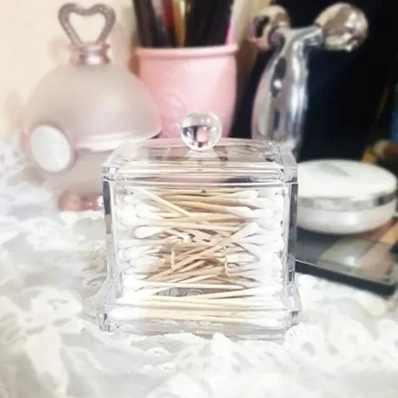 Cotton Swab Box - Transparent Bamboo Cover Dustproof Cotton Swab Toothpick Storage Box Multi-Purpose Visible Dispenser