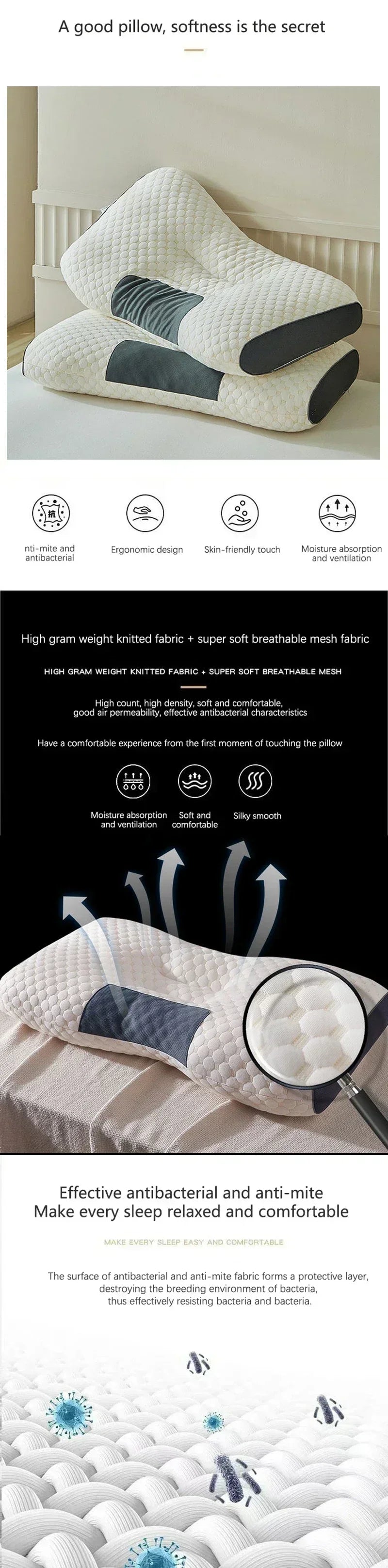 The concave convex design of the human body helps massage the neck, and the fiber massage pillow helps with sleep