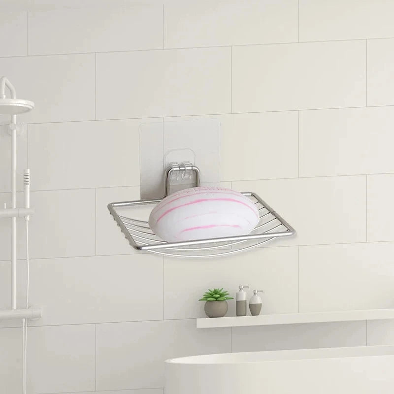 Stainless Steel No Punching Soap Holder Bathroom Wall-Mounted Soap Dish Holder Self Adhesive Kitchen Spong Storage Rack