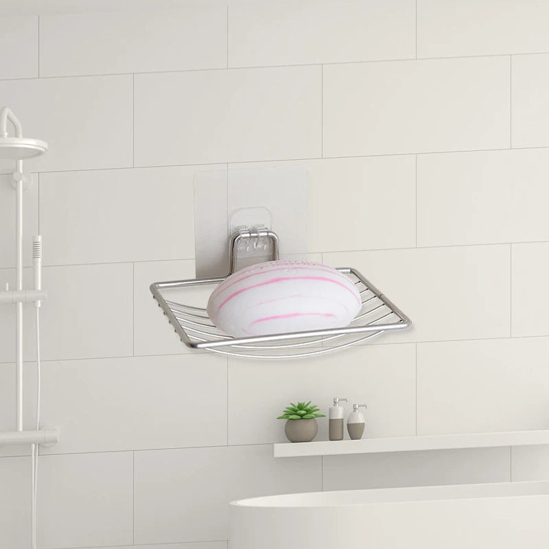 Stainless Steel No Punching Soap Holder Bathroom Wall-Mounted Soap Dish Holder Self Adhesive Kitchen Spong Storage Rack