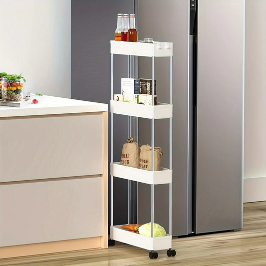 1pc 3/4 Tier Slim Storage Cart, Bathroom Rolling Utility Cart, Plastic Storage Rack With Wheels, Mobile Shelving Unit Organizer,