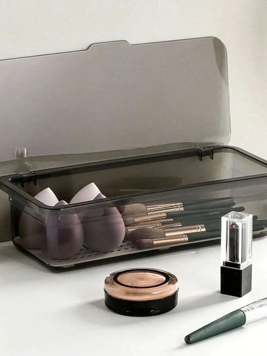 1pc Makeup Brush Storage Box, Dust-proof Transparent Storage Case With Cover Draining Tray, Beauty Egg Eye Shadow Brush Storage