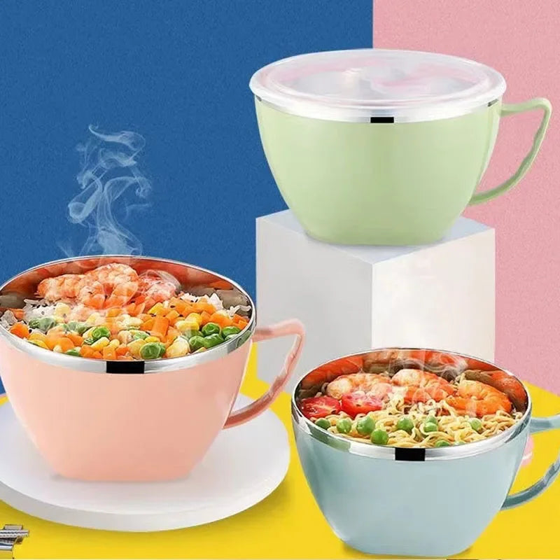 1PCS Stainless Steel Bowl with Handle Solid Color Anti Scalding Instant Noodles Mixing Bowl Kitchen Tableware Food Accessory
