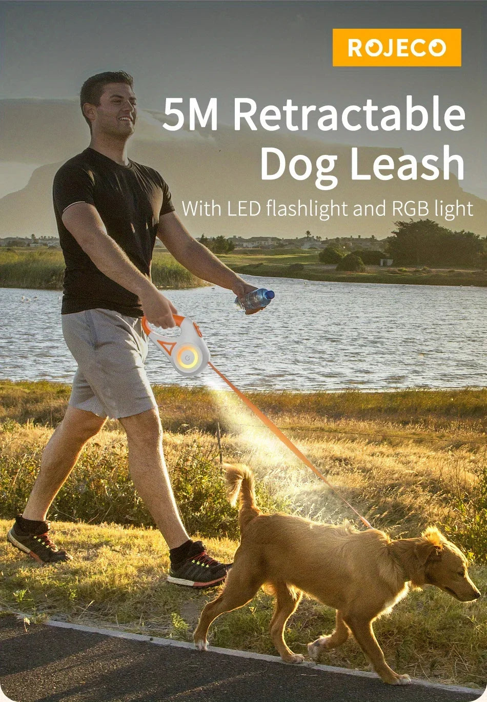 ROJECO 5M/16FT Automatic Retractable Dog Leash With LED Flash Light Outdoor Pet Walking Running Lead