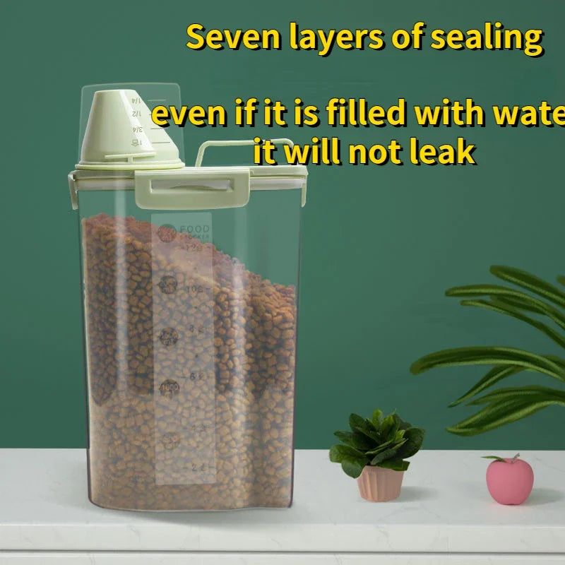 Dog Cat Food Pail Plastic Storage Tank with Measuring Cup Container
