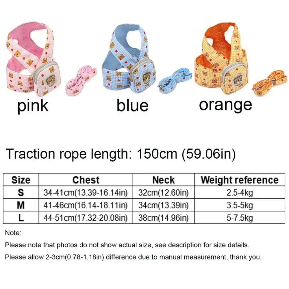 Pet Harness with Backpack for Dog Outdoor Travel Dog Snacks Backpack Cute Bear Motif Dog Harness with Leash Mini Dog Backpack