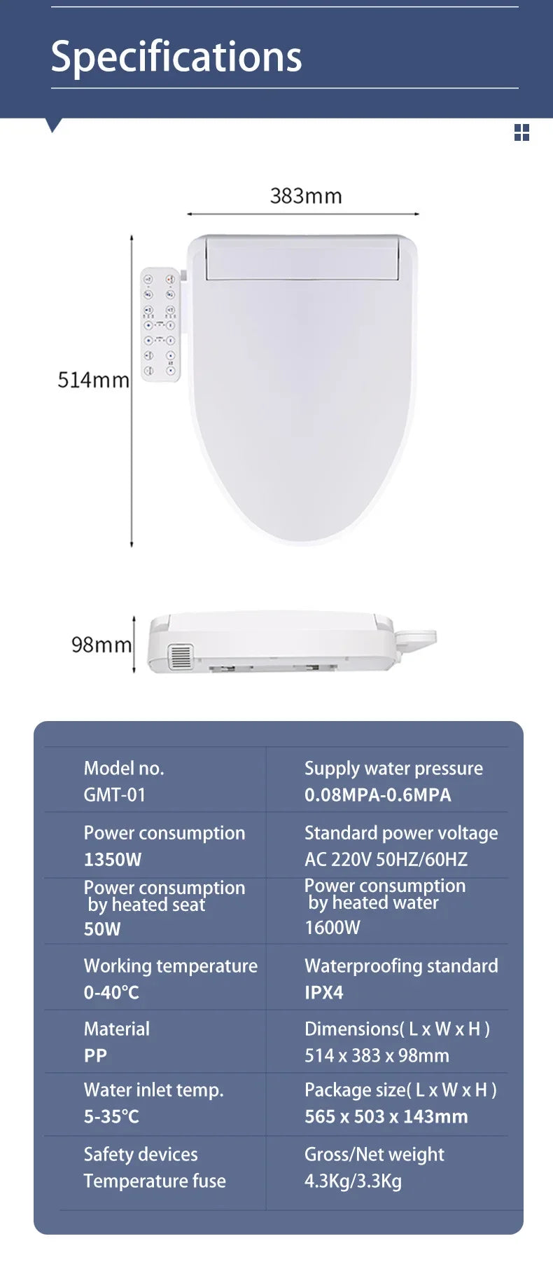Instant Electric Heating Cover Intelligent Toilet Wholesale PP Board Bidet