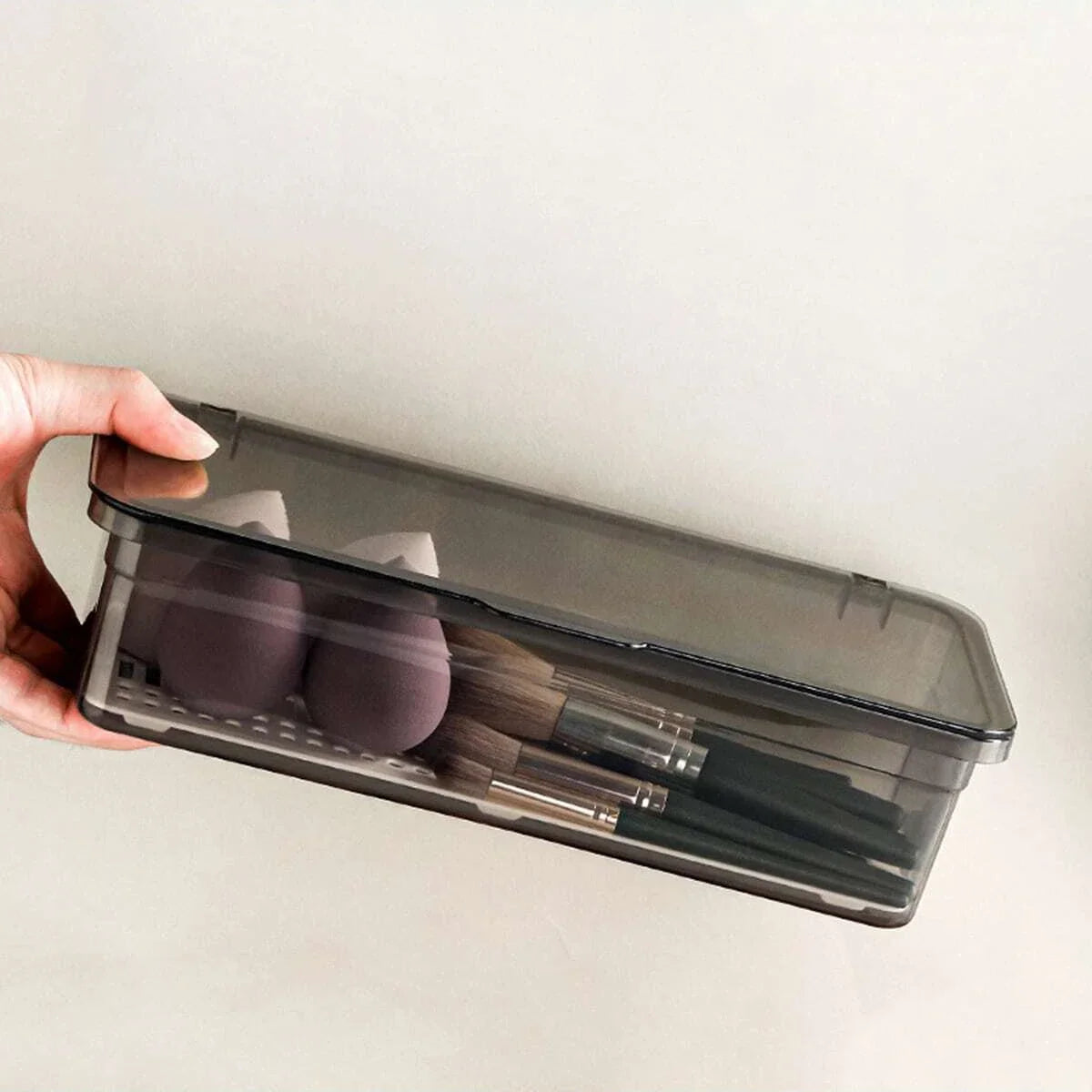 1pc Makeup Brush Storage Box, Dust-proof Transparent Storage Case With Cover Draining Tray, Beauty Egg Eye Shadow Brush Storage