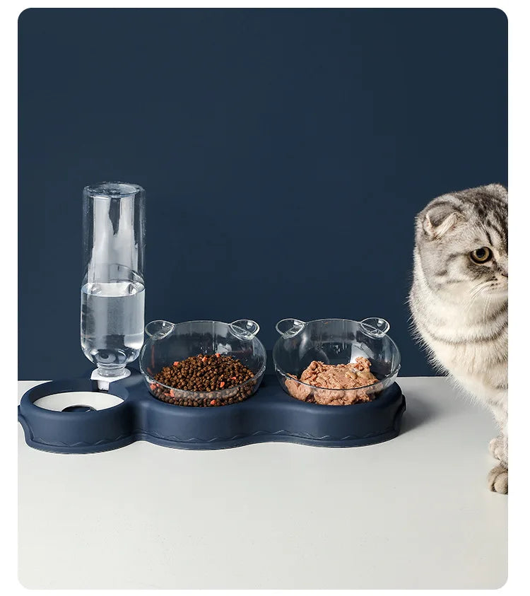 Pet Cat Bowl Automatic Feeder 3-in-1 Dog Cat Food Bowl With Water Fountain Double Bowl Drinking Raised Stand Dish Bowls For Cats