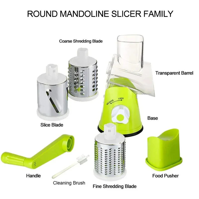 K82 Manual Rotary Vegetable Slicer Cutter Kitchen Vegetable Cheese Grater Chopper with 3 Sharp Stainless Steel Drums KC0082