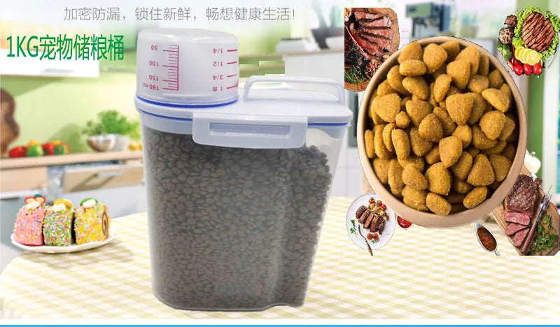 Dog Cat Food Pail Plastic Storage Tank with Measuring Cup Container