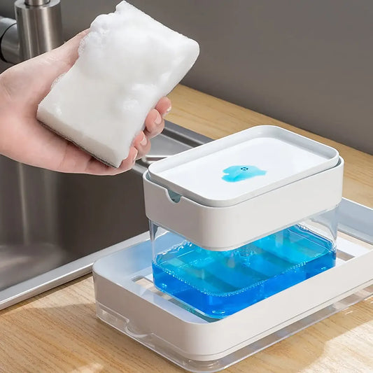 1pc, Press Type Soap Dispenser With A Sponge, Press Soap Box, Kitchen Dishwashing Detergent Liquid Dispenser
