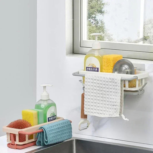 Sponge Holder Kitchen Organizer Dish Drainer Soap Rack Sink Tray Dishcloth Towel Rack Wall Mounted Storage Basket Shelf Kitchen