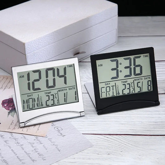 Electronic Folding LCD Digital Alarm Clock Desktop Temperature Hygrometer Clock Weather Station Desk Table Travel Mini Clock