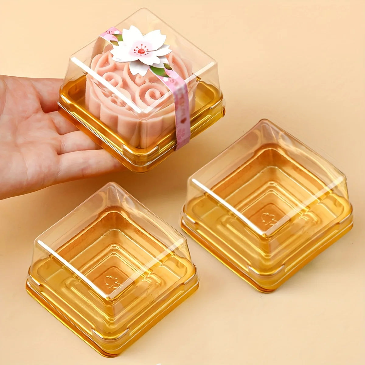 50pcs Dessert Egg-Yolk-Puff BoxTransparent square Plastic Mooncake Dome Packaging Boxes, Moon Cake Container Baking Food Packing